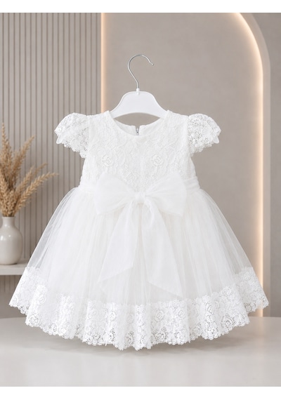 Babyhola Kız Bebek Dantelli Tüllü Balon Kol Ve Fiyonk Detaylı Elbise 9998 Beyaz