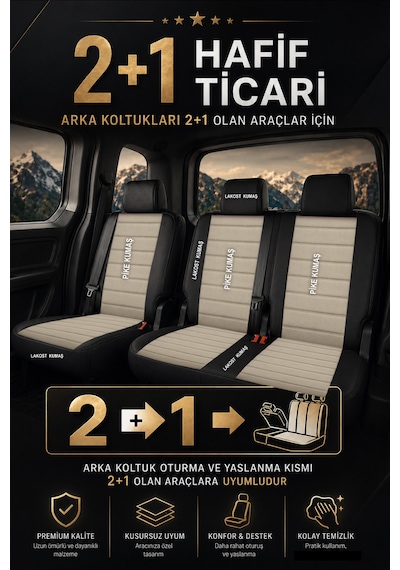 Speed Serisi Pike Kumaş Ticari 2+1 Oto Koltuk Kılıfı - Doblo-caddy-berlingo-dokker-courier-kangoo Uyumlu Bej