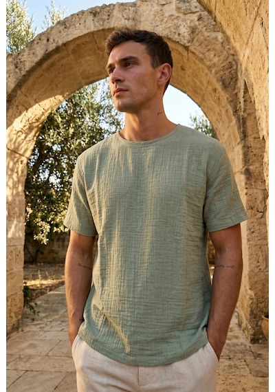 Combattente Exclusive Products Kısa Kol Oversize Müslin Erkek Tshirt - 2026 Erkek Tişört Kreasyonu Çağla Yeşili