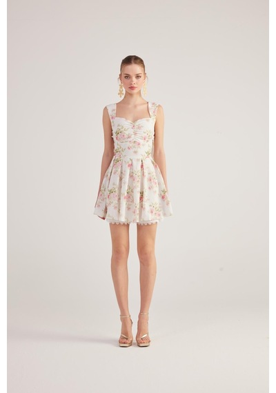 Holly Lolly Eteği Brode Detaylı Çiçekli Mini Romance Elbise Pembe