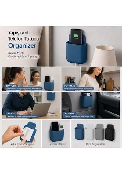 Buffer Yapışkanlı Telefon Ve Kumanda Tutucu Organizer, Duvara Güçlü Yapışan Çok Amaçlı Eşya Toparlayıcı Renkli