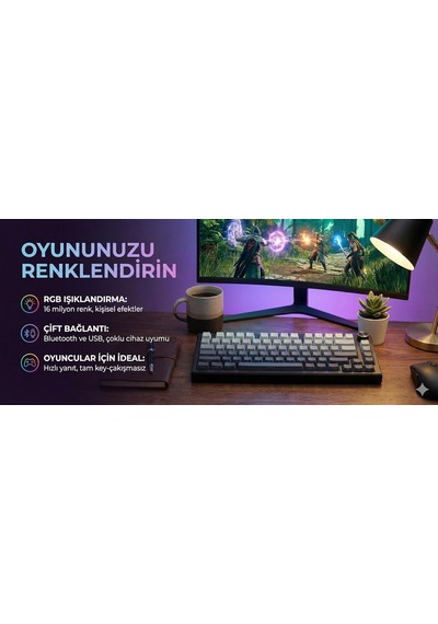 White Switch 75% Mekanik Klavye, Rgb Işıklandırma, Bluetooth & Kablolu Bağlantı, Düşük Profil Tuşlar, Alltan Ya