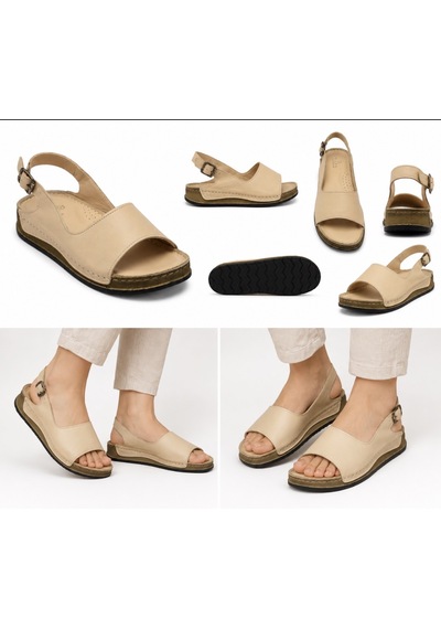 N Napa Shoe Np.306.bej Napa Shoe Hakiki Deri Kadın Sandalet Günlük Ortopedik Konforlu Tokalı Bej Yazlık Sandalet