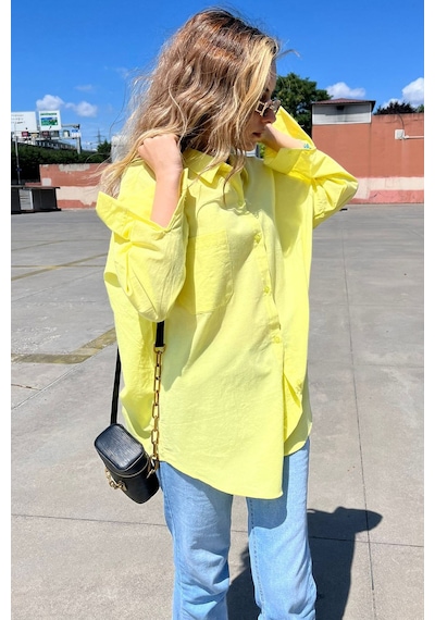 Madmext Sarı Oversize Basic Cepli Poplin Gömlek Mg1530 Sarı