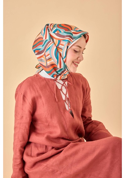 Silk Home Twill İpek Eşarp 11471-35 Kahverengi, Somon, Turuncu, Petrol Mavi, Mercan