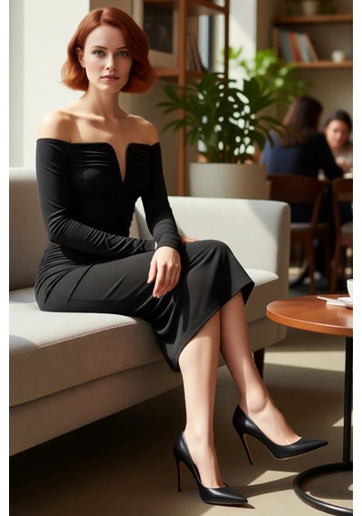 Ersefa Moda Stil Fitted Carmen Yaka Midi Boy Vücuda Oturan Örme Elbise Siyah