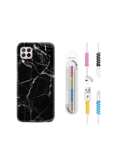 Huawei P40 Lite Kılıf Kablo Koruyuculu Fragile Black Mermer 1378