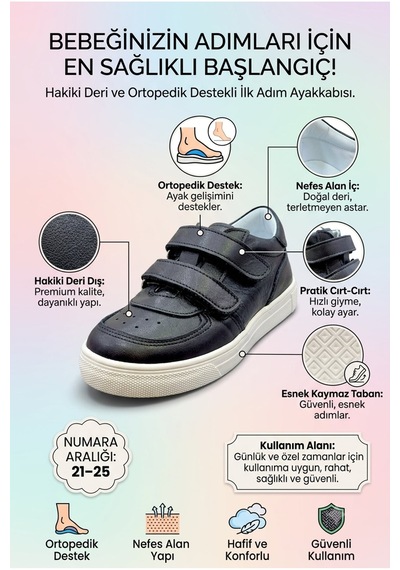 Perlina Ortopedik Taban Hakiki İç Dış Deri Bebe Ayakkabı Siyah