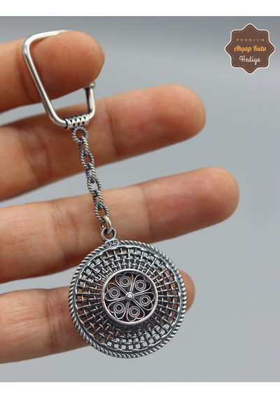 Çiçekli Hasır Model 925 Ayar Gümüş Oksitli Telkari Anahtarlık 201025163 Gümüş