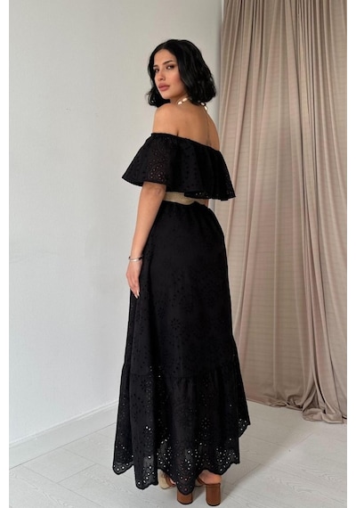 Etiler Collection Siyah Omzu Lastikli Brode Elbise Siyah
