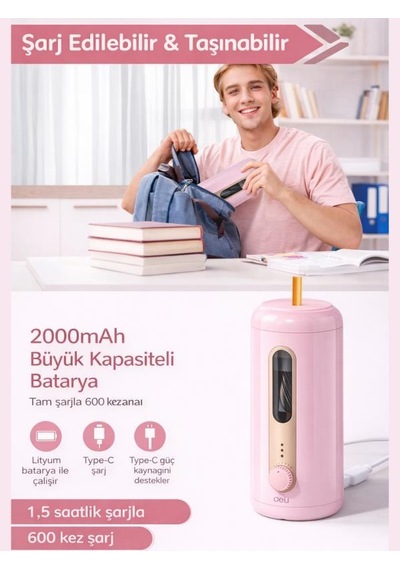 Va10 Pembe Şarjlı Otomatik Elektrikli Kalemtıraş 2000mah 5 Kademe Uç Ayarlı, 6.9-12mm Jumbo Uyumlu, Type-c, Geniş Hazneli