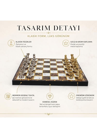 Lüks Metal Satranç Takımı Krom Figürlü 20x20 Cm Kehribar Tahta Dekoratif Koleksiyon Hediye Seti Özel