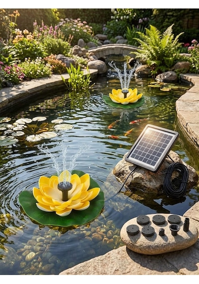 Güneş Enerjili Sarı Lotus Çiçekli Solar Fıskiye - Dekoratif Bahçe Süs Havuzu - Havuz Süsü