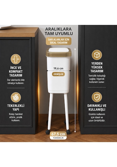 15 Litre Ayaklı Çöp Kovası Kapaklı Tekerlekli Mutfak Banyo Ofis Çöp Kutusu