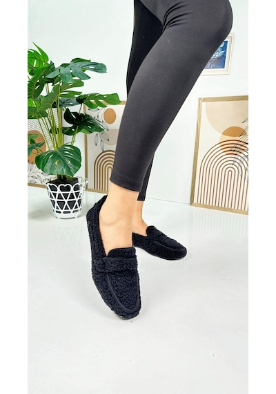 Günlük Kadın Loafer Peluş Astarlı Oval Burunlu Alçak Desenli Tabanlı Ayakkabı 375 Siyah