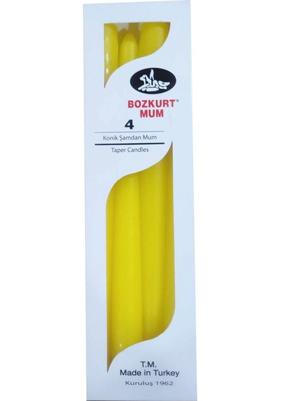 Bozkurt Konik Şamdan Mum Fener Mumu - Sarı - 24 Cm. - 4 Adetlik Paket Sarı