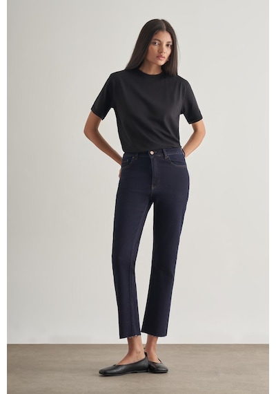 Mizalle Kesikli Mom Fit Denim Lacivert Pantolon Lacivert