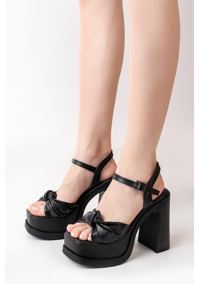 Asmi Shoes Kadın Fiyonk Bantlı 12cm Platformlu Topuklu Ayakkabı Siyah Siyah