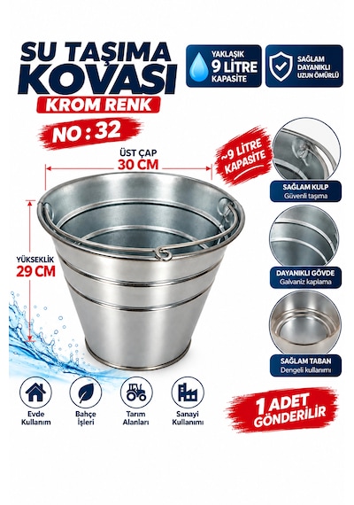 Su Taşima Kovası Çöp Kovası 29 Cm X 30 Cm Krom Renk 9 Litre Kapasiteli 1 Adet Gönderilir