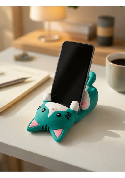 Yeşil Kedi Figürlü Telefon Tutucu Stand - 3d Baskı Ofis Masaüstü Aksesuarı Ve Biblo