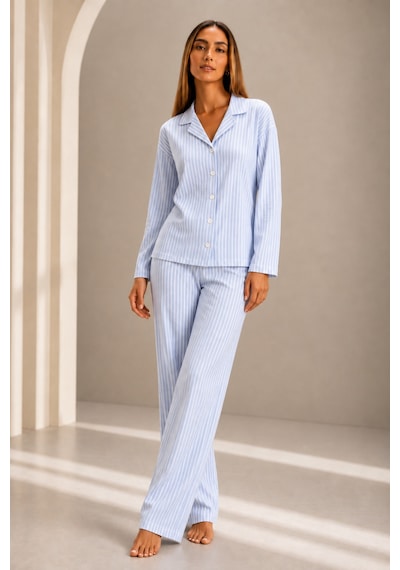 Womanandkids Mavi Kadın Önden Düğmeli Uzun Kollu Pijama Takımı