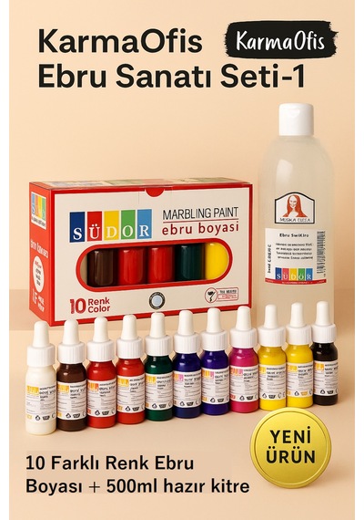Kolay Ebru Sanatı Seti-1 10 Renk 25 Ml Ebru Boyası + 500 Ml Kitre