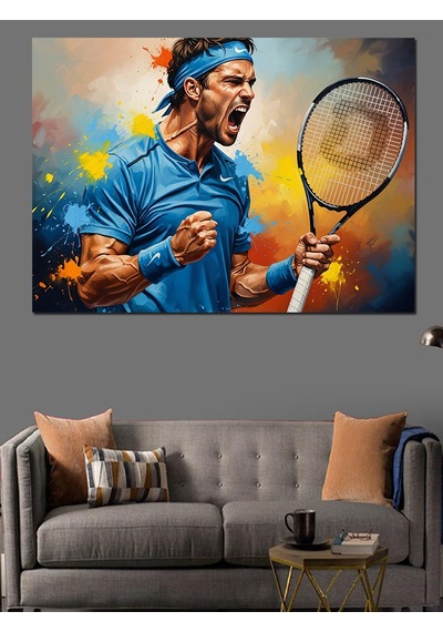 Tenis Maçında Hırslı Erkek Oyuncu Dekoratif Kanvas - Mdf Ahşap Tablo