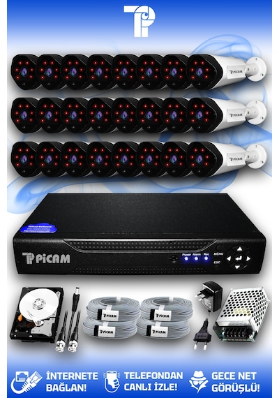 Picam 24 Kameralı Uzay 24 Dış Kamera Set 2 TB HDD Full HD Gece Görüşlü Güvenlik Kamerası Sistemi