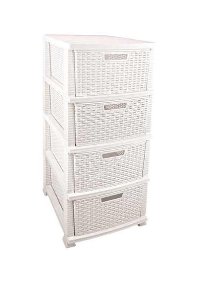 Omnipazar Srl-4002 Rattan Hasır Desen Plastik Komidin Mutfak Sebzelik 4 Katlı Beyaz