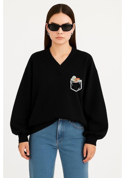 Benroma Cep Papatya Baskılı Ünisex V Yaka Sweatshirt Siyah