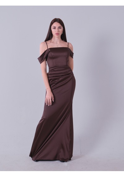Feminist Kahve İp Askılı Straplez Saten Abiye Elbise 9705903 Kahverengi