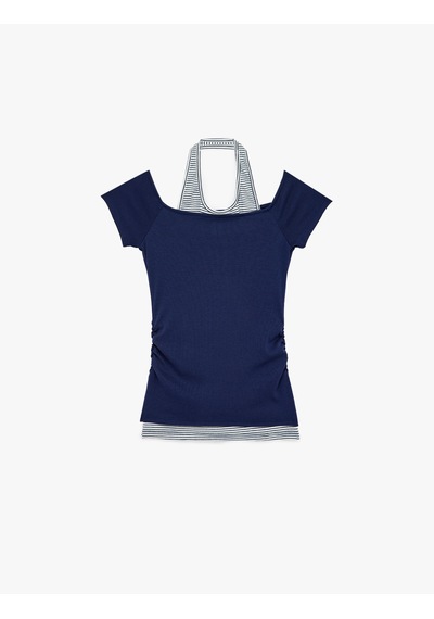 Koton Slim Fit Atlet Detaylı Kısa Kollu Viskon Karışımlı Omzu Açık Tişört Lacivert 6sal10744ık