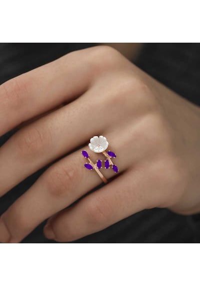 Hedivio Gümüş Rose Mor Yapraklı Bahar Çiçeği Yüzük