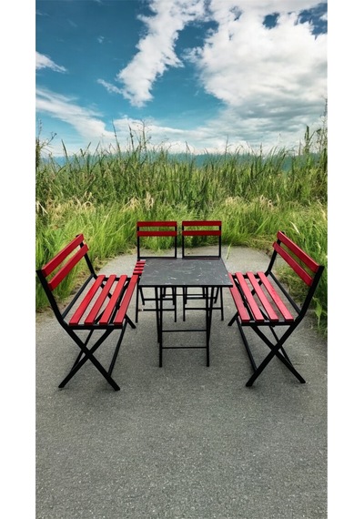Modern 2-2-1-1 Balkon Bahçe Mutfak Bistro Set Katlanır Masa-sandalye 6 Kişilik Kırmızı