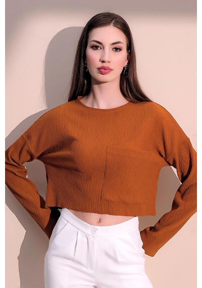 WeShaya Kadın Hardal Uzun Kol Kendinden Dokulu Cepli Crop Sweatshirt, Salaş Kesim Bluz HARDAL WeShaya Kadın Hardal Uzun Kol Kendinden Dokulu Cepli Crop Sweatshirt, Salaş Kesim Bluz HARDAL