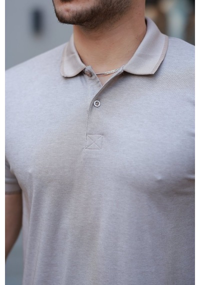 Erkek Yakalı Kagi Kumaş Kısa Kollu T-shirt Bej
