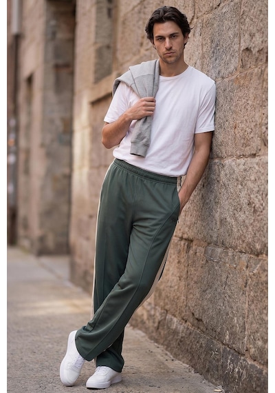 Tommylife Haki Yüzeyi Dokulu Standart Fit Palazzo Erkek Pantolon - 82171 Haki