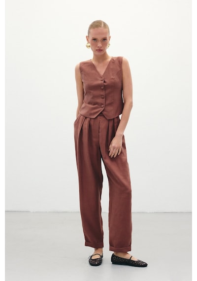Sateen Salaş Keten Pantolon - Kahve-136266 Kahve