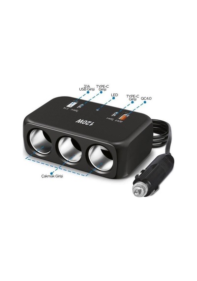 Olesson 1656 2xtype-c+ 2xusb 120watt 3 Çakmak Girişli Kablolu Çakmak Çoklayıcı