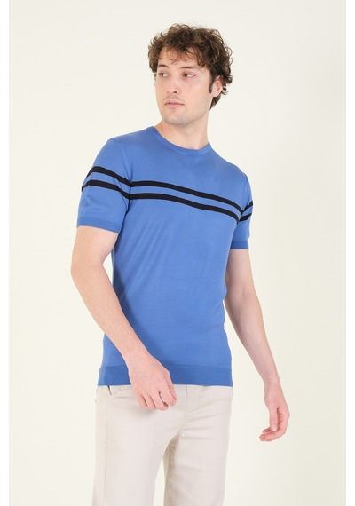 Giyim Dünyası Erkek Sıfır Yaka Çizgili Merserize T-shirt İndigo 001