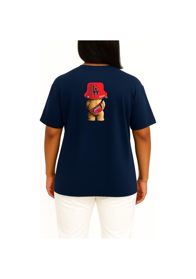 Bahriyeli Collection Oversize Oso Teddy Bear La Los Angeles Cep Ve Sırt Baskılı Unisex T-shirt Lacivert