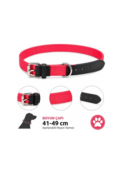Köpek Boyun Tasması 41-49 Cm Dokuma Naylon Siyah Deri Uçlu Metal Tokalı - Kırmızı Çok Renkli