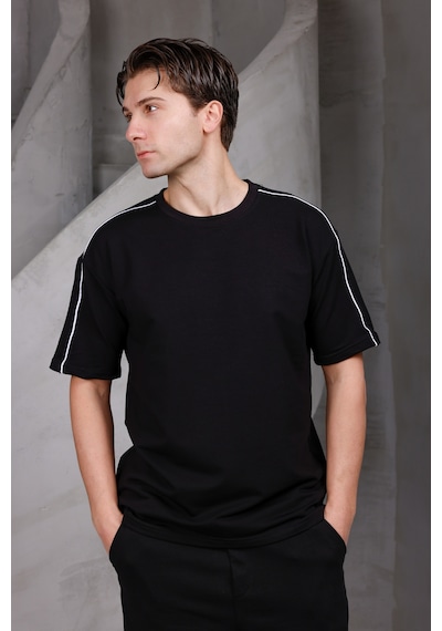 Erkek Şeritli Oversize Bisiklet Yaka 2 İki İplik Kompakt T-shirt Siyah