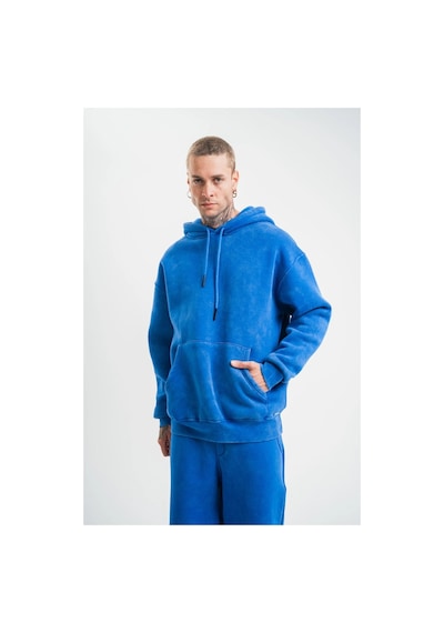 Erkek 3 İplik Pamuklu Oversize Kapüşonlu Yıkamalı Hoodie Sweatshirt - Mavi