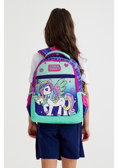 Coral High Okul Sırt Ve Beslenme Çantası Seti - Kız Çocuk Yeşil Mor Pegasus Mavi Mor Unicorn