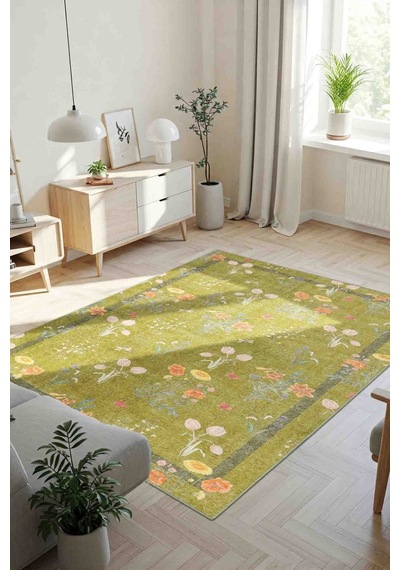 Artloop Florart Yeşil / Turuncu Çiçek Desenli Dokuma Tabanlı Modern Şönil Halı Al 482 Yeşil - Turuncu