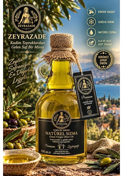 Zeyrazade Premium Erken Hasat Soğuk Sıkım Sızma Zeytinyağı Sıcak Yemekler Ve Günlük Mutfak Kullanımı İçin 500 ML