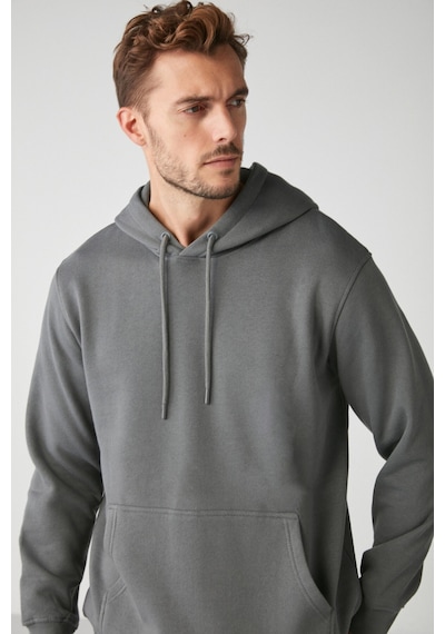 Grimelange Jorge Erkek Yumuşacık Kapüşonlu Organik Pamuk Kanguru Cepli Regular Koyu Gri Sweatshirt