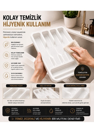 Sas Haus 6 Bölmeli Çekmece İçi Kaşıklık, Plastik Çatal Bıçak Organizeri, Mutfak Düzenleyici Beyaz S-11003