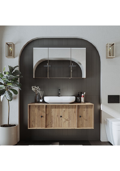 Oval Lavabolu Mat Mdf 120 Cm Banyo Alt Dolabı + Aynalı Dolap Atl Atlantik Çam